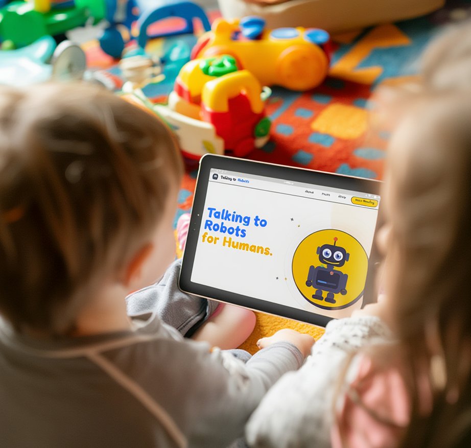 Two kids looking at Talking to Robots on a tablet