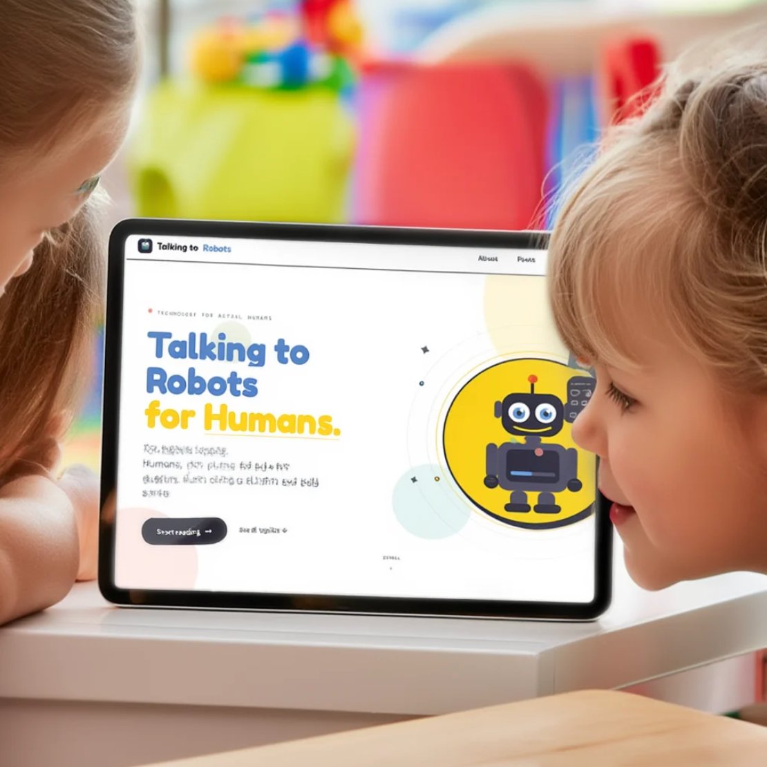 Two kids looking at Talking to Robots on a tablet